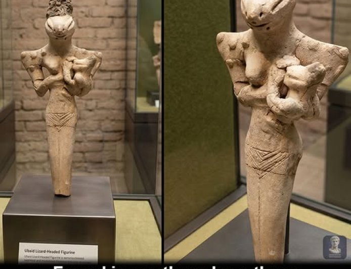 Queste statue preistoriche, scoperte nell'Iraq meridionale e datate intorno al 5000 a.C., raffigurano misteriosi esseri dai tratti simili a quelli dei rettili che tengono in braccio e allattano dei neonati.